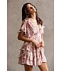Storia Floral Patch Print Deep V-Neck Flutter Sleeve Open Back Tiered Ruffle Dress, Color:Pink Multi - Image 6