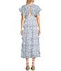 Storia Floral Print Deep V-Neck Flutter Sleeve Tiered Midi Dress, Color:White/Blue - Image 2