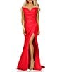 Color:Red - Image 1 - Strapless V-Neck Wrap Front Slit Gown