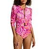 Color:Multi - Image 1 - DREAMSCULPT™ Print 3/4 Puff Sleeve Zip Up One Piece Swimsuit
