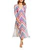 Color:Multi - Image 1 - AQUALACE™ Rainbow Chevron Stripe Lace Puff Sleeve Belted Caftan Swim Cover-Up Dress