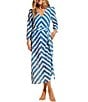 Color:Sapphire Blue - Image 1 - AQUALACE™ Striped Chevron Puff Sleeve Belted Caftan Swim Cover-Up Dress