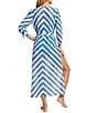 Color:Sapphire Blue - Image 2 - AQUALACE™ Striped Chevron Puff Sleeve Belted Caftan Swim Cover-Up Dress
