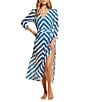 Color:Sapphire Blue - Image 4 - AQUALACE™ Striped Chevron Puff Sleeve Belted Caftan Swim Cover-Up Dress
