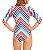 Color:Rainbow Gradient - Image 2 - DREAMSCULPT™ Rainbow Stripe 3/4 Puff Sleeve Zip Up One Piece Swimsuit