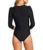 Color:Caviar Black - Image 2 - DREAMSCULPT™ 3/4 Puff Sleeve Zip Up One Piece Swimsuit