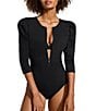 Color:Caviar Black - Image 3 - DREAMSCULPT™ 3/4 Puff Sleeve Zip Up One Piece Swimsuit