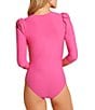 Color:Ultra Pink - Image 2 - DREAMSCULPT™ 3/4 Puff Sleeve Zip Up One Piece Swimsuit
