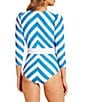 Color:Sapphire Blue - Image 2 - DREAMSCULPT™ Belted Striped 3/4 Puff Sleeve Zip Up One Piece Swimsuit