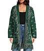 Sugarlips Bandana Fringe Shawl Collar Belted Open Front Cardigan, Color:Emerald Multi - Image 1