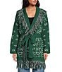 Sugarlips Bandana Fringe Shawl Collar Belted Open Front Cardigan, Color:Emerald Multi - Image 2