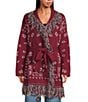 Sugarlips Bandana Fringe Shawl Collar Belted Open Front Cardigan, Color:Burgundy Multi - Image 1