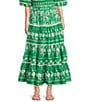 Sugarlips Coordinaitng Printed Rick Rack Trimmed Tiered High Waisted Maxi Skirt, Color:Green-White - Image 1