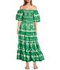 Sugarlips Coordinaitng Printed Rick Rack Trimmed Tiered High Waisted Maxi Skirt, Color:Green-White - Image 3