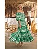 Sugarlips Coordinaitng Printed Rick Rack Trimmed Tiered High Waisted Maxi Skirt, Color:Green-White - Image 6