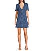 Color:Denim Blue - Image 1 - Denim V-Neck Short Sleeve Slim Fit Zip Front Sheath Mini Dress