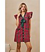 Sugarlips Diane Plaid Printed Bow Tie V-Neck Ruffle Sleeve Shift Mini Dress - Image 5