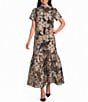 Sugarlips Floral Jacquard Dime Organza Mock Neck Short Sleeve Maxi Shift Dress - Image 1