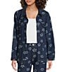 Sugarlips Floral Print Collared Neck Patch Pocket Button Front Denim Jacket, Color:Dark Denim - Image 2