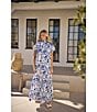 Color:White Blue - Image 4 - Floral Print Mock Neck Short Sleeve Maxi Dress