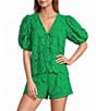 Sugarlips Friona Eyelet V-Neck Short Bubble Sleeve Coordinating Top - Image 1