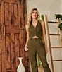 Color:Olive - Image 3 - High Waist Flat Front Flare Coordinating Pants