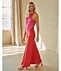 Color:Fuchsia Red - Image 3 - Kavela Color Block Halter Neck Sleeveless Maxi Slip Dress