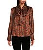 Sugarlips Leoben Floral Print Mock Neck Tie Front Long Puff Sleeves Blouse, Color:Brown Black - Image 1
