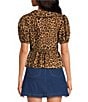 Sugarlips Leopard Print V-Neck Short Puff Sleeve Tie Front Peplum Top, Color:Leopard - Image 2