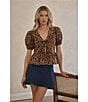 Sugarlips Leopard Print V-Neck Short Puff Sleeve Tie Front Peplum Top, Color:Leopard - Image 5