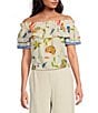 Sugarlips Linen Floral Print Off the Shoulder Short Sleeve Top, Color:Ivory Multi - Image 1