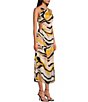Color:Tan Multi - Image 3 - Lourdes Cut-Out Ruched Satin Retro Print Crew Neck Sleeveless Midi Dress