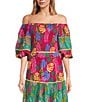 Color:Fuchsia Multi - Image 1 - Marina Tropical Smocked Off-The-Shoulder Short Puff Sleeve Coordinating Crop Top