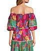 Color:Fuchsia Multi - Image 2 - Marina Tropical Smocked Off-The-Shoulder Short Puff Sleeve Coordinating Crop Top