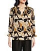 Sugarlips Matte Satin Abstract Print Split V-Neck 3/4 Sleeve Top, Color:Black Brown - Image 1