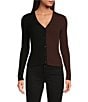 Sugarlips Olivia Mill Color Block Ribbed Knit V-Neck Long Sleeve Button Front Cardigan, Color:Black Brown - Image 1