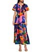 Sugarlips Palmer Abstract Printed Multi Color V-Neck Short Sleeve Poplin Tiered Smocked Waist Maxi Dress, Color:Red Multi Blue - Image 1