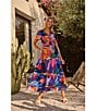 Sugarlips Palmer Abstract Printed Multi Color V-Neck Short Sleeve Poplin Tiered Smocked Waist Maxi Dress, Color:Red Multi Blue - Image 4