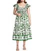 Sugarlips Plus Double Ruffle Poplin Scoop Neck Smocked Midi Dress, Color:White Greens - Image 1