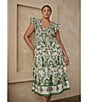 Sugarlips Plus Double Ruffle Poplin Scoop Neck Smocked Midi Dress, Color:White Greens - Image 4