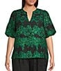 Sugarlips Plus Elyna Floral Jacquard Alena Split V-Neck Puff Sleeves Pullover Top - Image 1