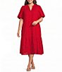 Sugarlips Plus Size Floral Embroidered V-Neck Puff-Sleeve Eyelet Midi Shift Dress - Image 1