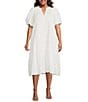 Sugarlips Plus Floral/Geometric Puff-Sleeve Eyelet Embroidered Midi Shift Dress, Color:White - Image 1