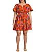 Sugarlips Plus Idalia Floral Miller Poplin Short Sleeve Dress, Color:Orange-Floral - Image 1