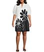 Sugarlips Plus Julissa Placement-Floral-Print Puff-Sleeve Babydoll Dress, Color:White/Black - Image 1