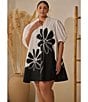 Sugarlips Plus Julissa Placement-Floral-Print Puff-Sleeve Babydoll Dress, Color:White/Black - Image 4