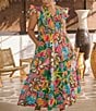 Sugarlips Plus Lanai Tropics Sunfire Smocked Bodice Flutter Sleeve Tiered Poplin Midi Dress, Color:Kelly Pink Multi - Image 4