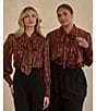 Sugarlips Plus Leoben Floral/Stripe Printed Balloon Sleeve Satin Blouse, Color:Brown/Black - Image 6