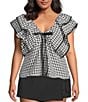 Sugarlips Plus Leoti Gingham Printed Flutter Sleeve Babydoll Top, Color:Black/White - Image 1