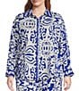 Sugarlips Plus Mixed Print Long Sleeve Oversized Coordinating Blouse, Color:Blue/White - Image 1